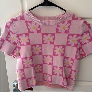 Pink Floral Checkered Knit Top